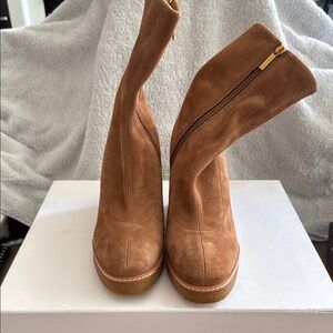 Veronica Beard Tan Heeled Boots Suede Mid-Calf